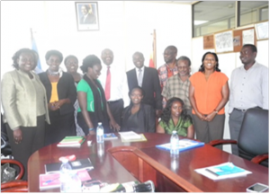 The Minister of Health, Hon. Dr. Ruhakana Rugunda meeting with civil society partners at the Ministry of Health. Also present were, UNHCO Executive Director; Manager - Center for Tobacco Control Africa; and World Health Organisation representative